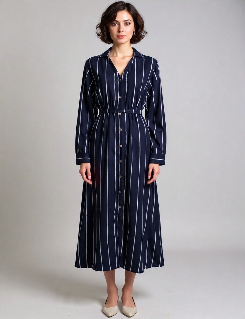 Vertical Striped Button-Down Shirt Maxi Dress with Belt