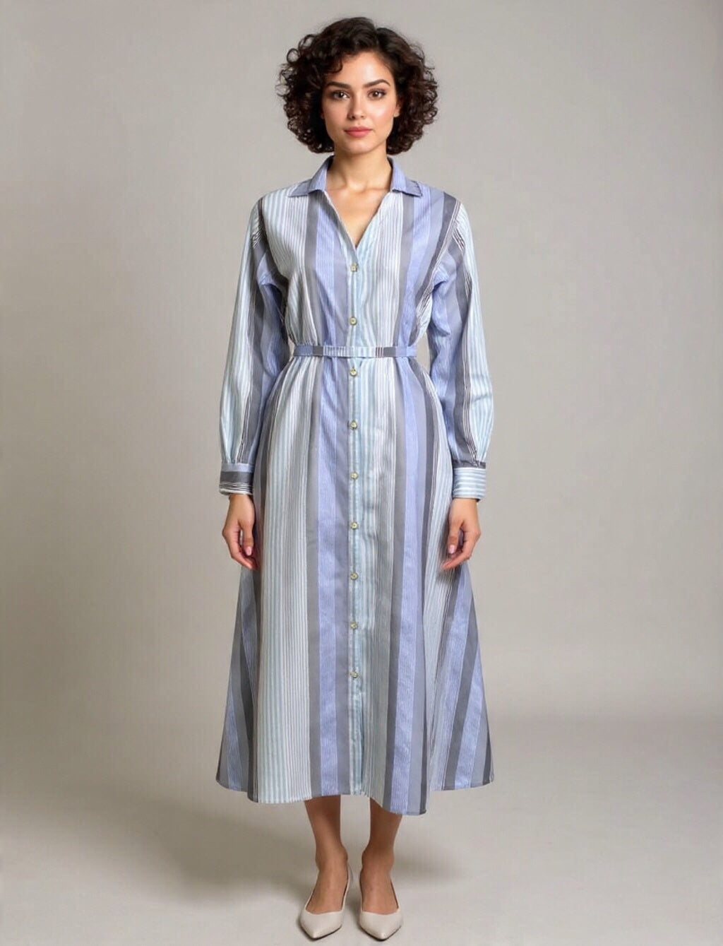 Vertical Striped Button-Down Shirt Maxi Dress with Belt