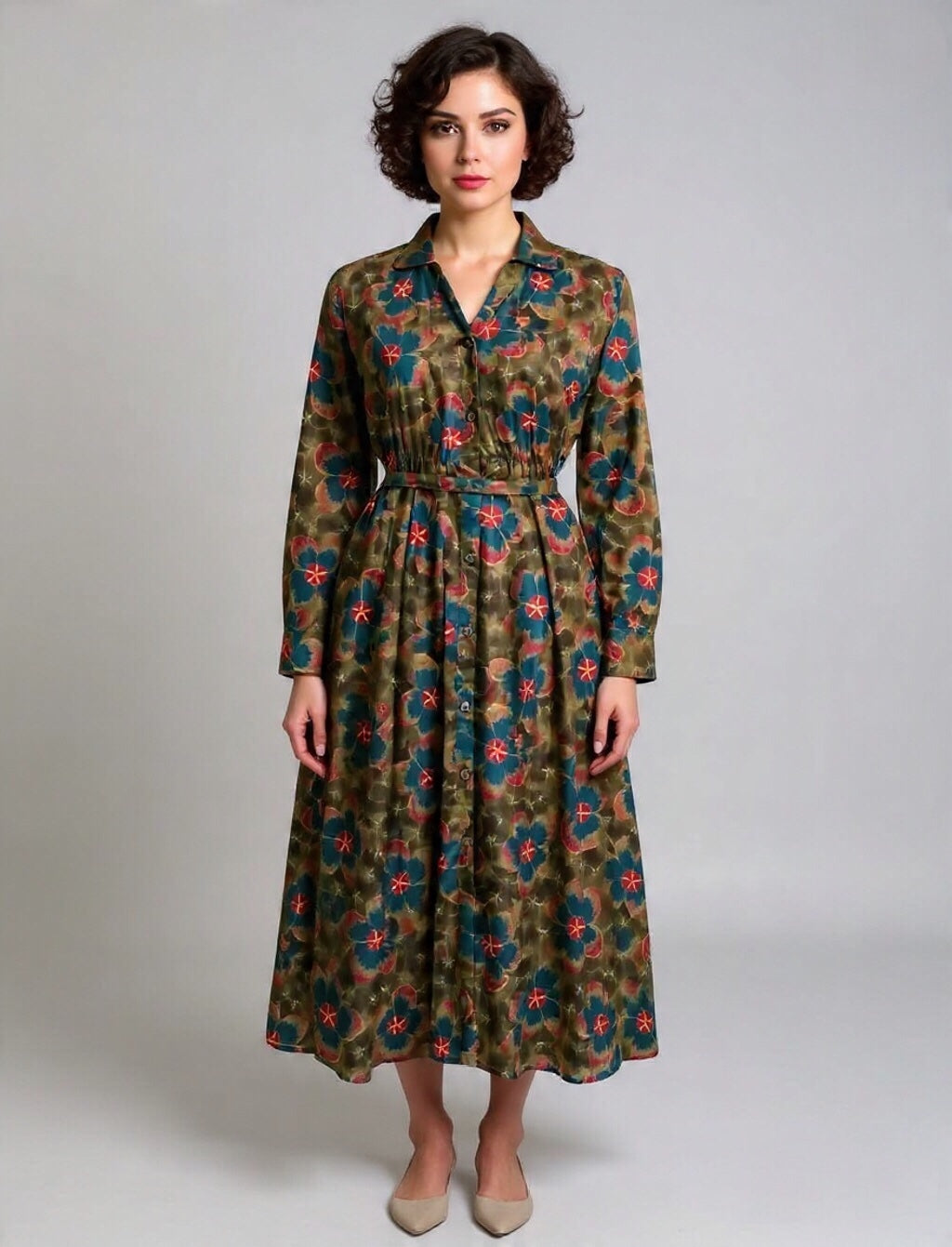 Vertical Striped Button-Down Shirt Maxi Dress with Belt