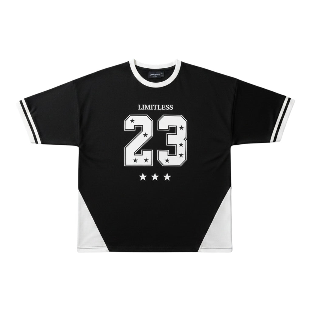 Well Fitters black oversized graphic t-shirt with white LIMITLESS 23 print, star motifs, and contrast collar and cuffs.