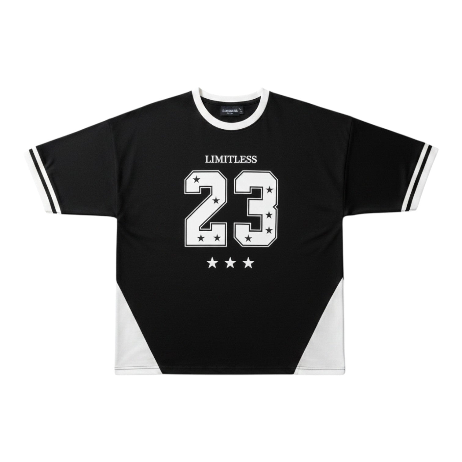 Well Fitters black oversized graphic t-shirt with white LIMITLESS 23 print, star motifs, and contrast collar and cuffs.