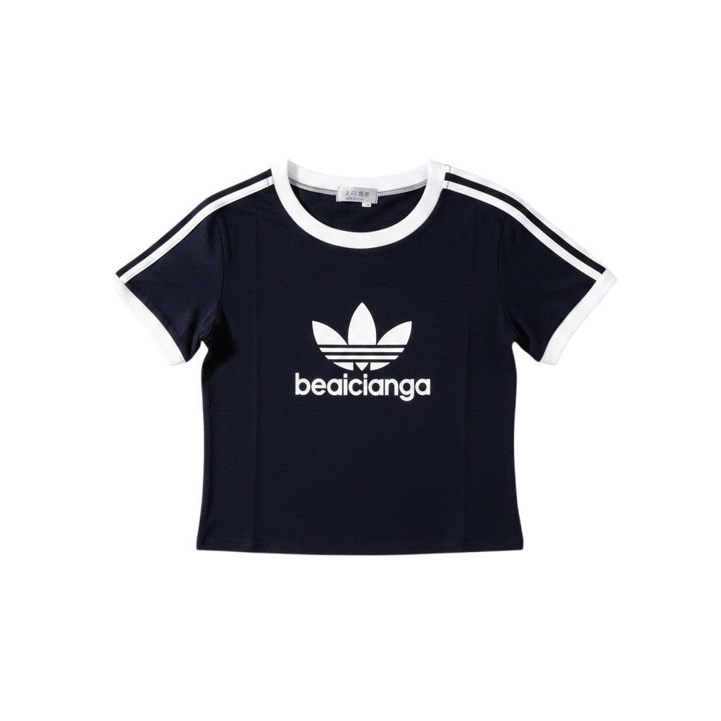 Well Fitters black ringer t-shirt with white sleeve stripes, crew neck, and white graphic print on the chest.