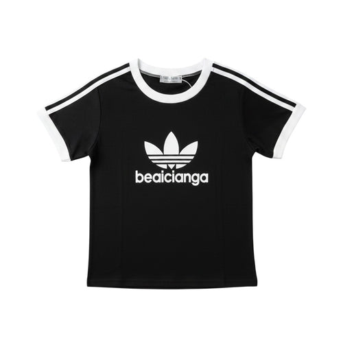 Well Fitters black and white ringer t-shirt with short sleeves, white stripes, and a graphic print on the chest.