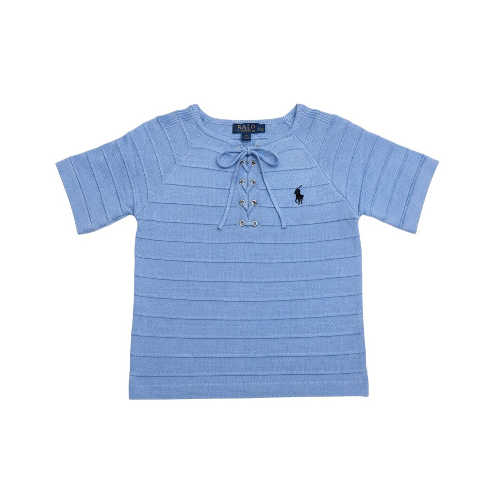 Well Fitters light blue short-sleeve knit top with horizontal ribbing, lace-up front, and embroidered logo.