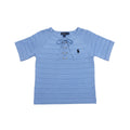 Well Fitters light blue short-sleeve knit top with horizontal ribbing, lace-up front, and embroidered logo.