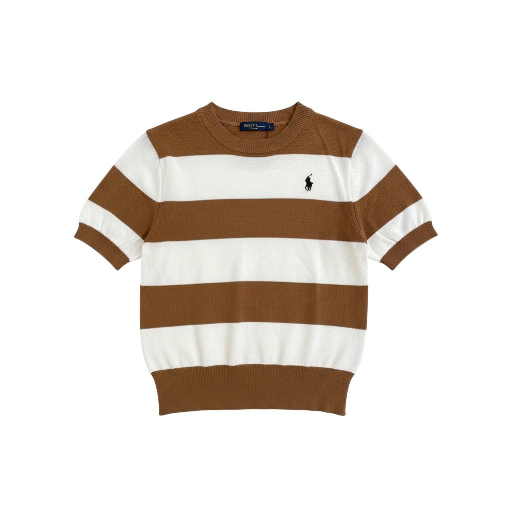 Well Fitters brown and white striped short sleeve knit sweater with a ribbed crew neck and embroidered chest logo.