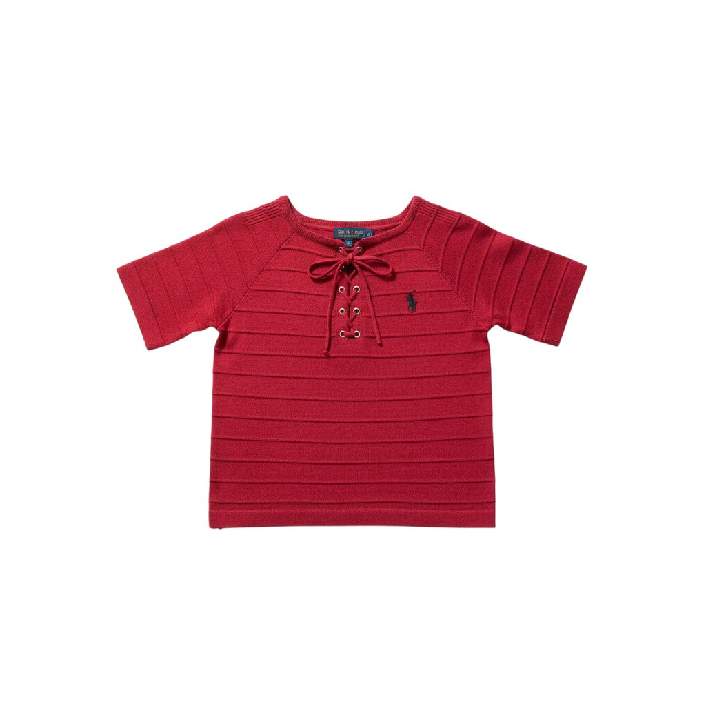 Well Fitters red short-sleeve knit top with horizontal ribbed texture, lace-up front, and embroidered chest logo.