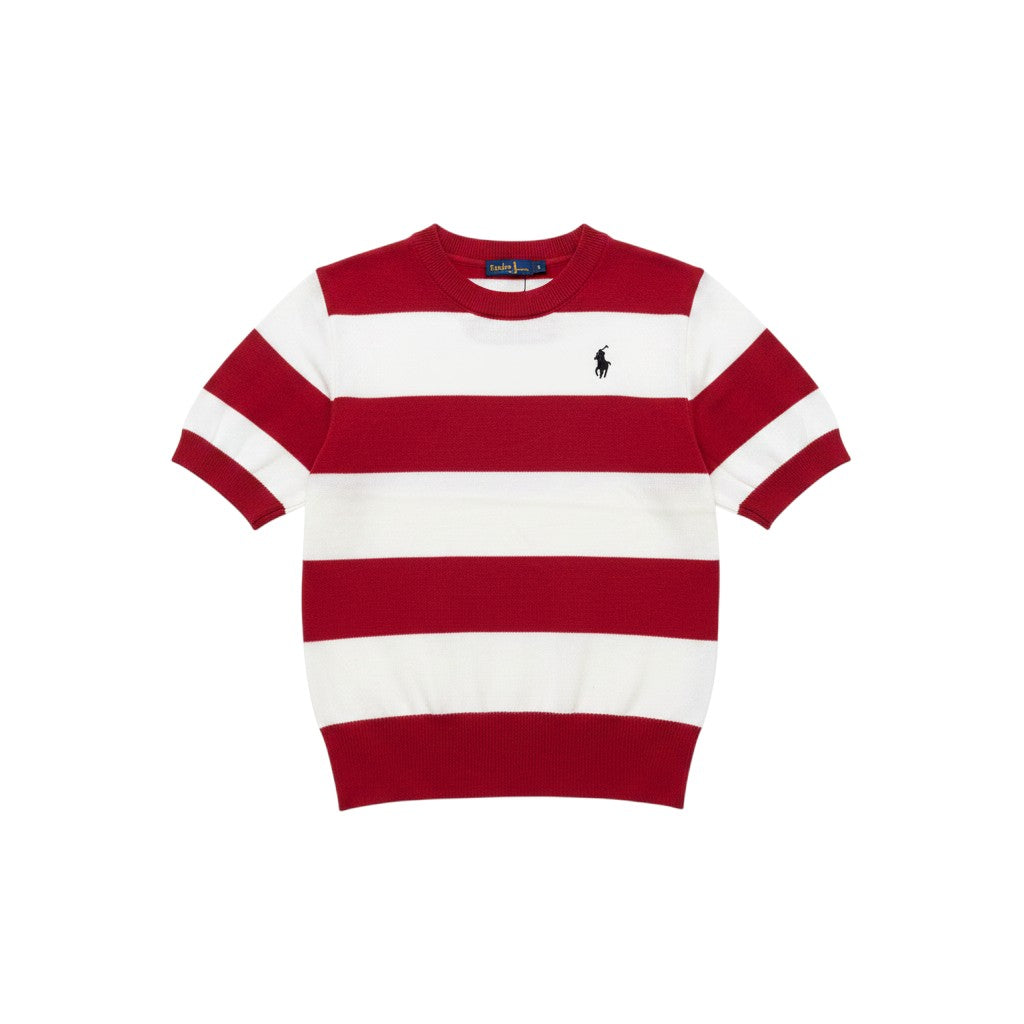 Well Fitters red and white striped short sleeve knit sweater with a ribbed crew neck and embroidered chest logo.