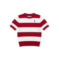 Well Fitters red and white striped short sleeve knit sweater with a ribbed crew neck and embroidered chest logo.