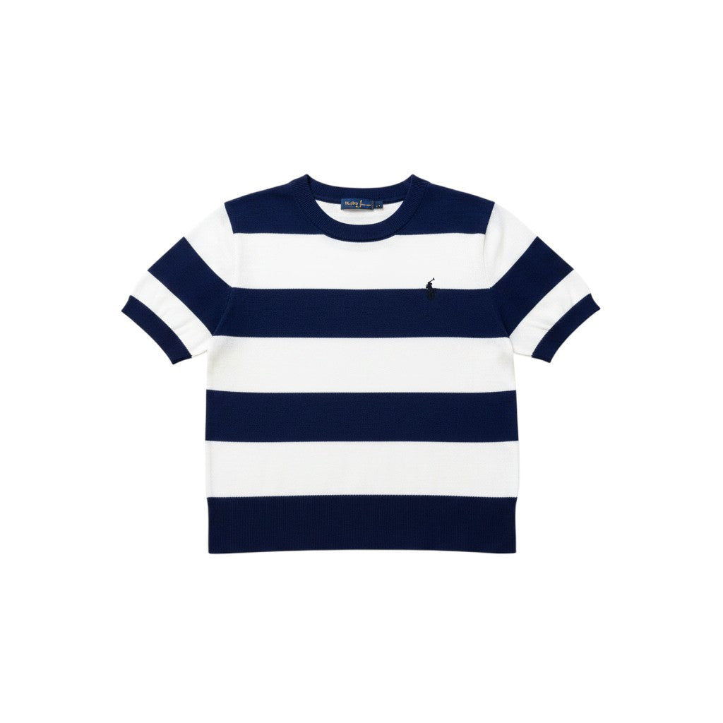 Well Fitters short sleeve knit sweater featuring navy blue and white horizontal stripes and a ribbed crew neckline.