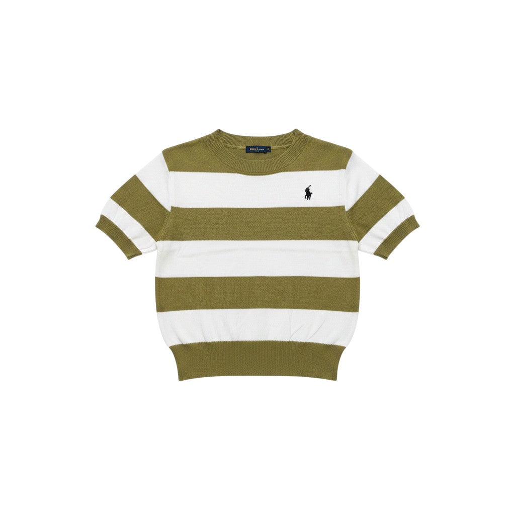 Well Fitters short-sleeve knit sweater featuring olive green and white horizontal stripes and a ribbed crew neckline.