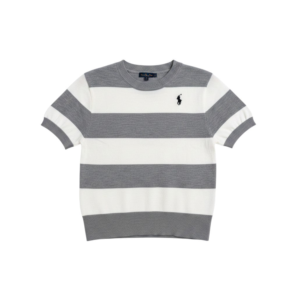 Well Fitters short sleeve knit sweater in white and grey horizontal stripes with a ribbed crew neck and chest logo.