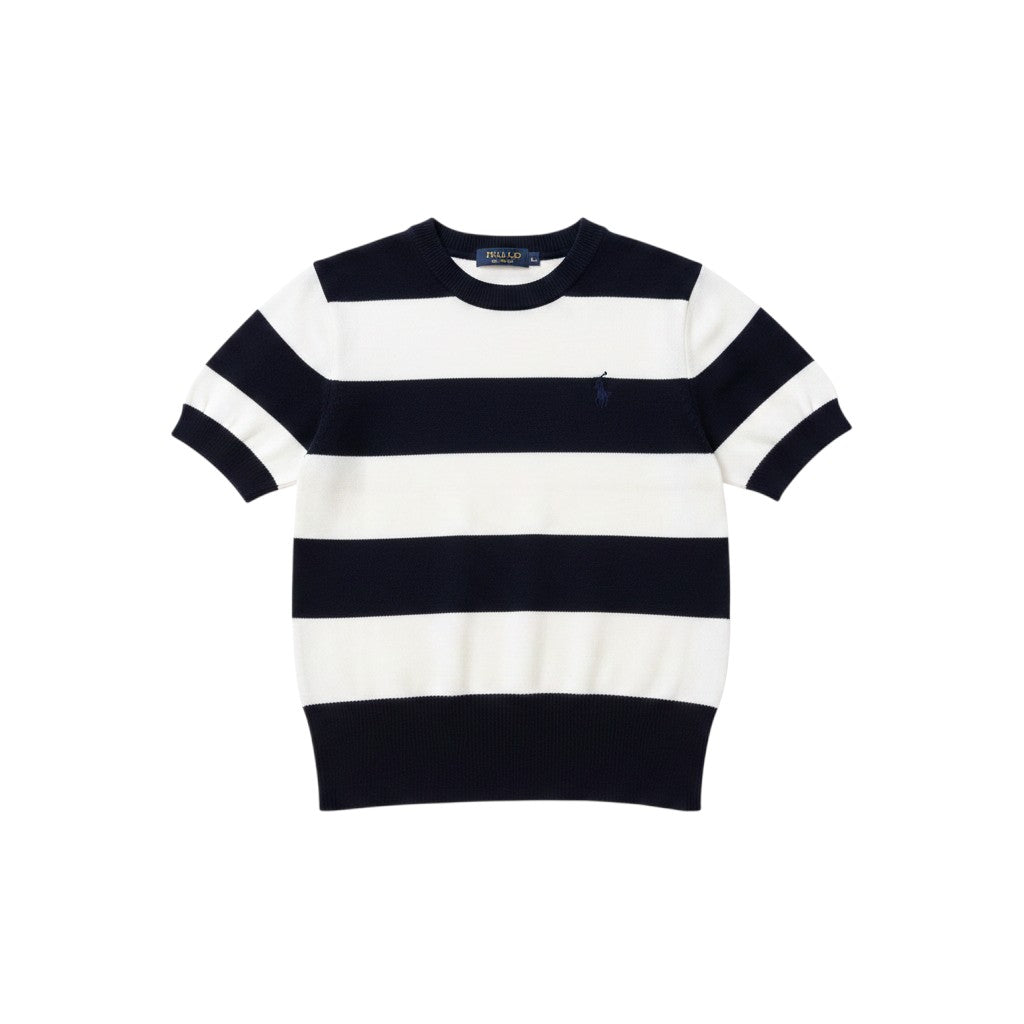 Well Fitters short sleeve knit sweater featuring navy blue and white horizontal stripes with a ribbed crew neckline.