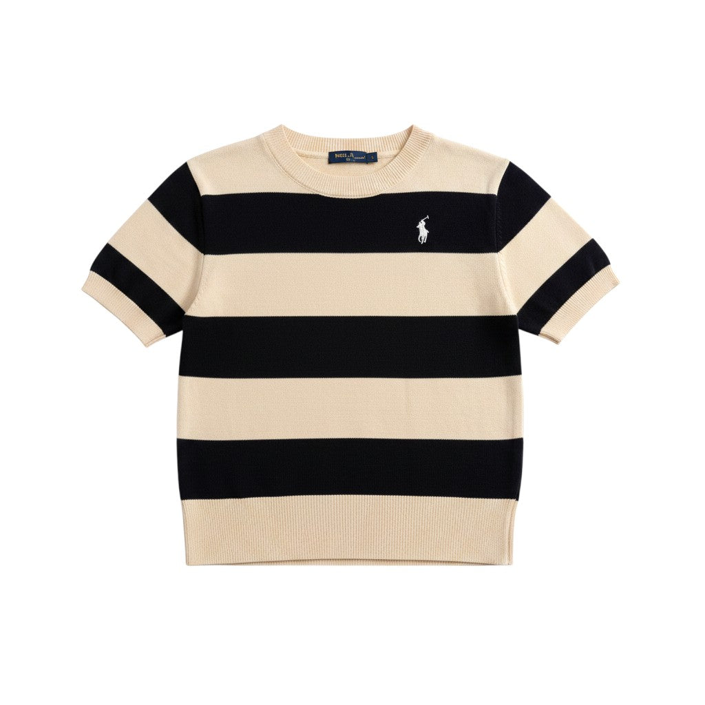 Well Fitters short sleeve knit sweater in beige and black horizontal stripes with a ribbed crew neck and logo detail.