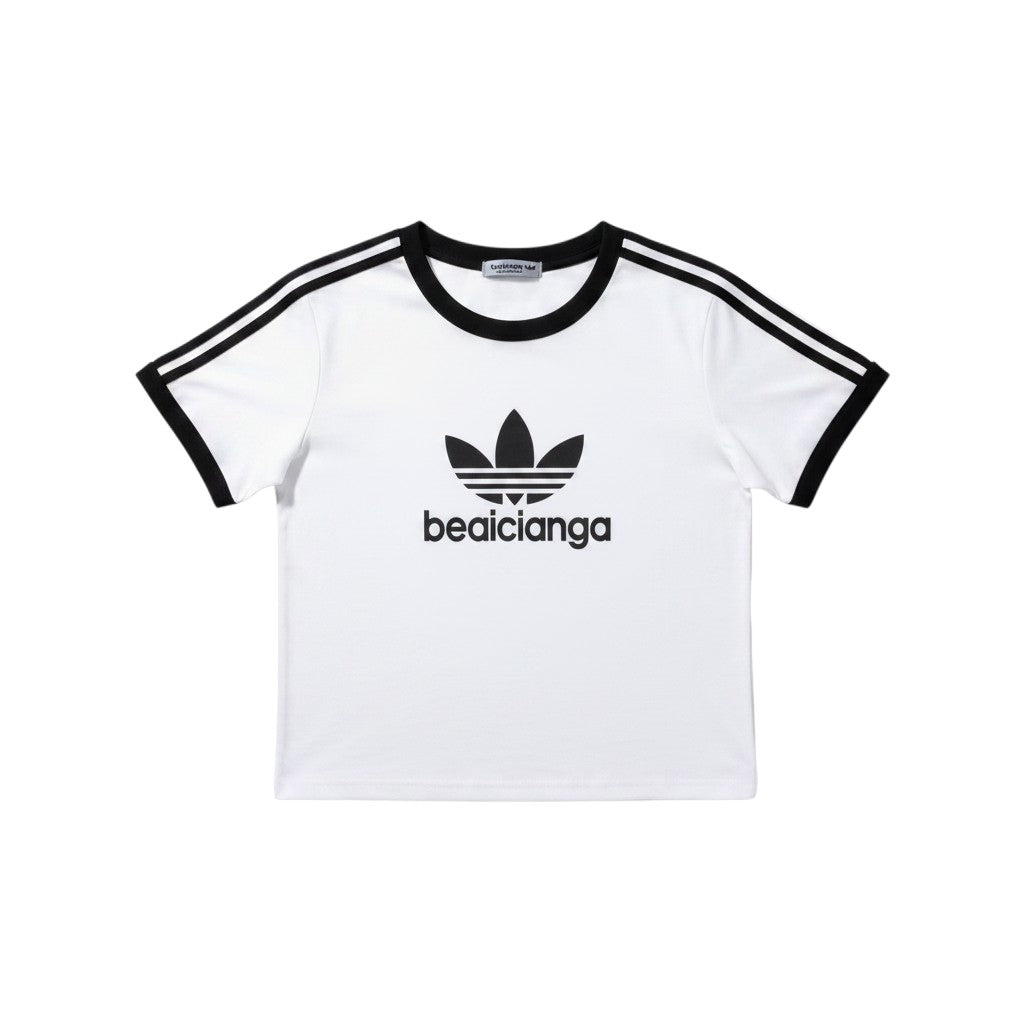 Well Fitters white ringer t-shirt with black sleeve stripes, collar trim, and a black graphic logo on the chest.