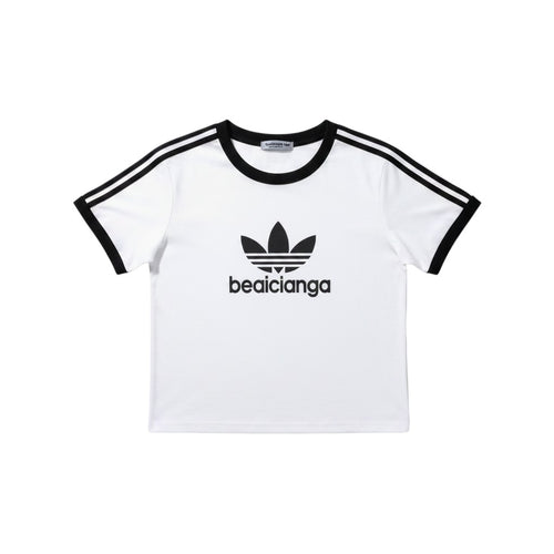 Well Fitters white ringer t-shirt with black sleeve stripes, collar trim, and a black graphic logo on the chest.