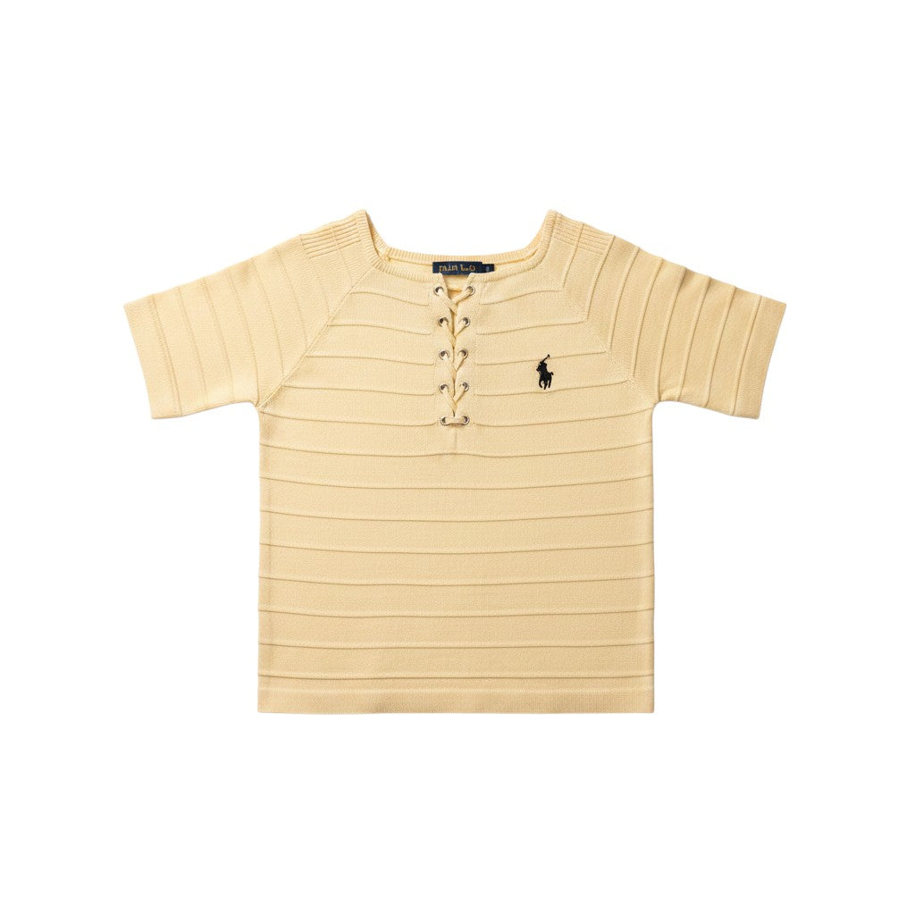 Well Fitters yellow short-sleeve knit top with horizontal ribbed texture, lace-up front, and embroidered chest logo.